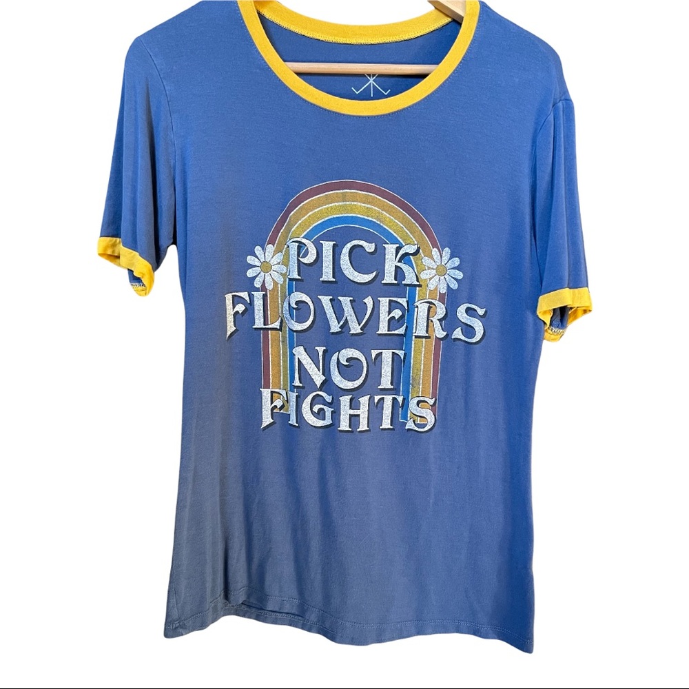 “Pick Flowers Not Fights” Rainbow Ringer Tee